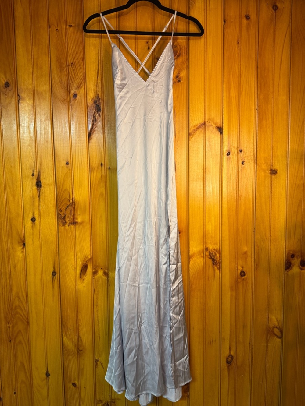 Choosy Light Silver Satin Slip Maxi Dress with High Side Slit